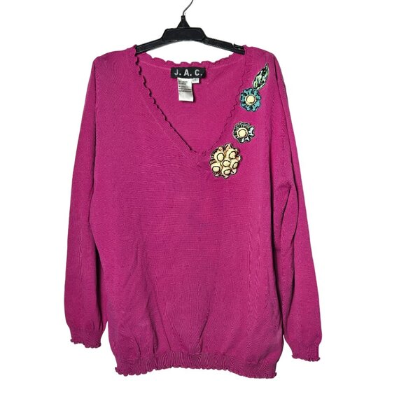 Vintage J.A.C. Flower Embellished Blouse Size Large Artsy Sequin Art to Wear - Picture 1 of 8